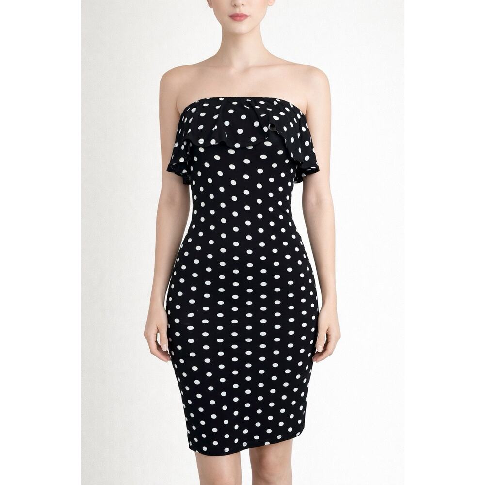 Capella Large Black White Polka Dot Strapless Ruffle Bodycon Dress